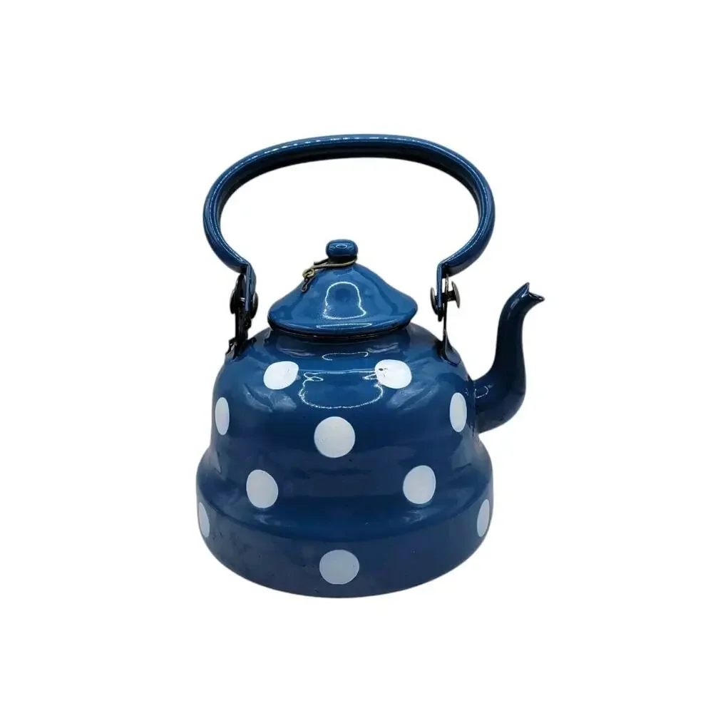 Vintage Graniteware Blue & White Polka Dots Enamel Gooseneck Swing Handle Teapot